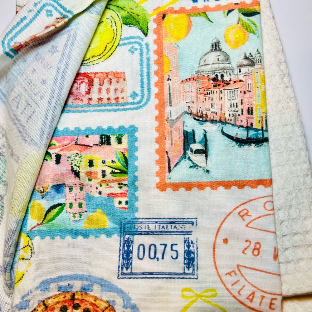 2 Italian Theme Kitchen Tea Towels Lemons Amalfi Coast Landmarks Food Postmarks - Picture 4 of 12